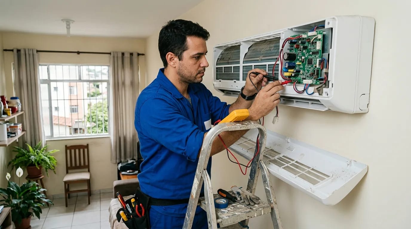 Eletricista ligando a placa do ar-condicionado split em Osasco‑SP